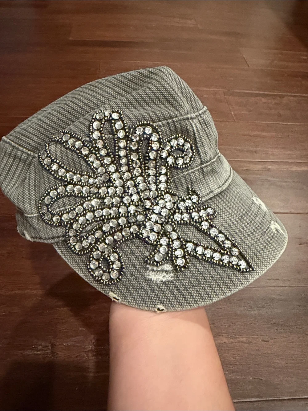 Gray Embellished Military-Style Cap with Crystal Motif